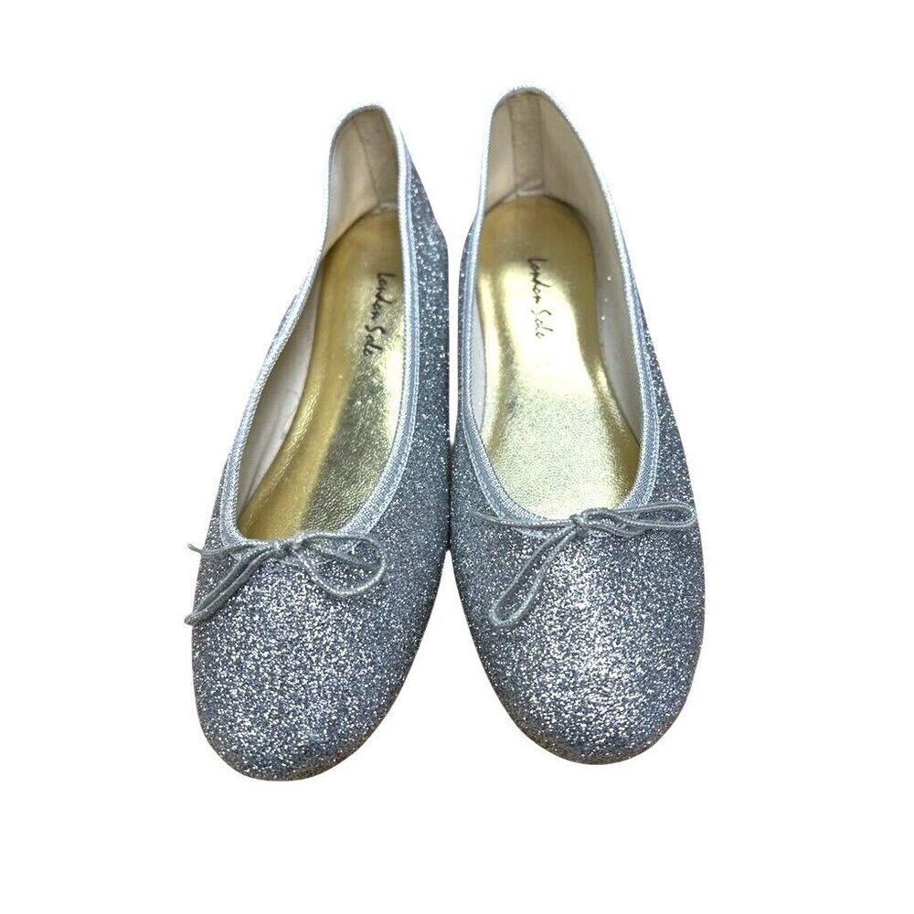 London Sole Silver Glitter Ballet Flats With Bow Accent - Size 40 - Made In Fran